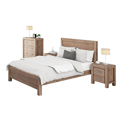 5 Pieces Bedroom Suite in Solid Wood Veneered Acacia Construction Timber Slat King Single Size Oak Colour Bed, Bedside Table , Tallboy & Dresser