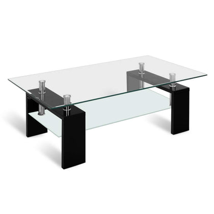 Artiss 2 Tier Glass Coffee Table - Black