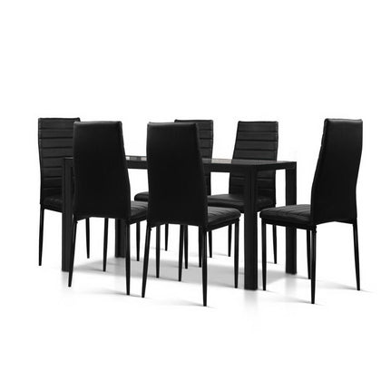 Artiss Astra 7-Piece Set Tempered Glass Dining Set Table and 6 Chairs Black