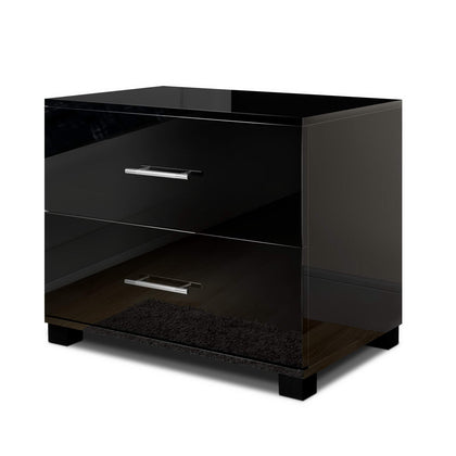 Artiss High Gloss Two Drawers Bedside Table - Black