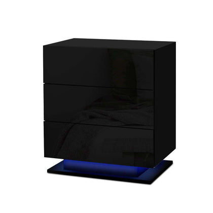 Artiss Bedside Tables Side Table RGB LED Lamp 3 Drawers Nightstand Gloss Black