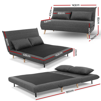 Sofa Bed Lounge Adjustable Seater Futon Couch Linen Fabric Wood Legs Dark Grey