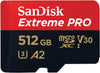 SANDISK SDSQXCZ-512G-GN6MA MICRO EXTREME PRO A2 V30 UHS-I/U3 170R/90W SDXC CARD WITH ADAPTER