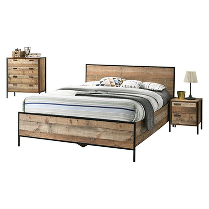 4 Pieces Bedroom Suite with Particle Board Contraction and Metal Legs Queen Size Oak Colour Bed, Bedside Table & Tallboy