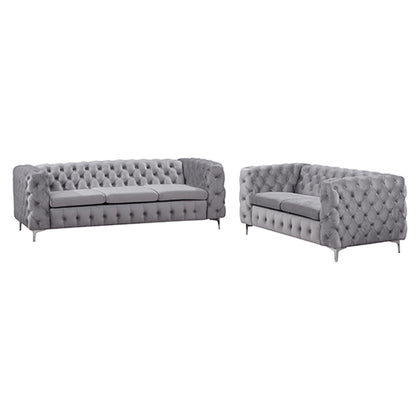 3+2 Seater Sofa Classic Button Tufted Lounge in Grey Velvet Fabric with Metal Legs