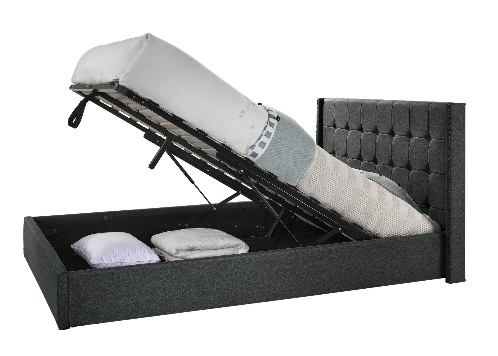King Sized Winged Fabric Bed Frame with Gas Lift Storage in Charcoal